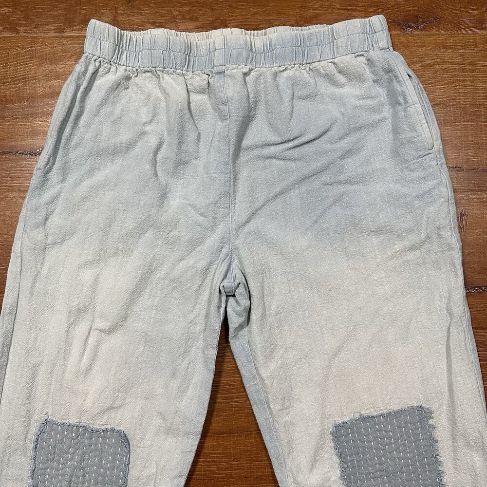 PO-EM Pull On Pants Womens M Blue Light Wash Denim Handwoven Cotton Boro Patch - Picture 3 of 15